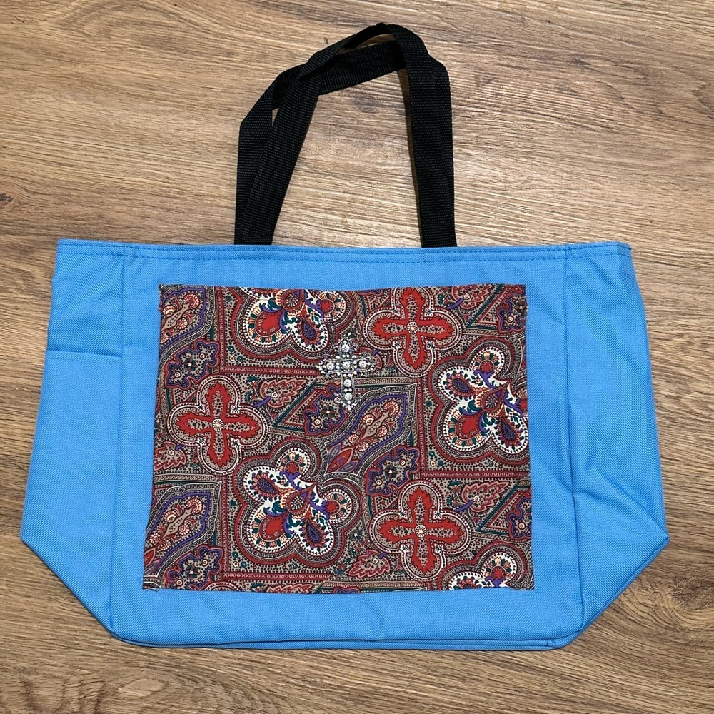 Reusable Canvas Tote Bag - Blue Cross Fabric & Pendant